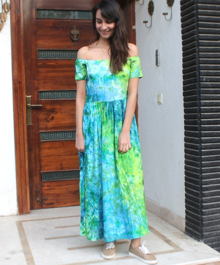 anokherang Dress Green Blue Tie-Dye Burst Maxi Off Shoulder Dress