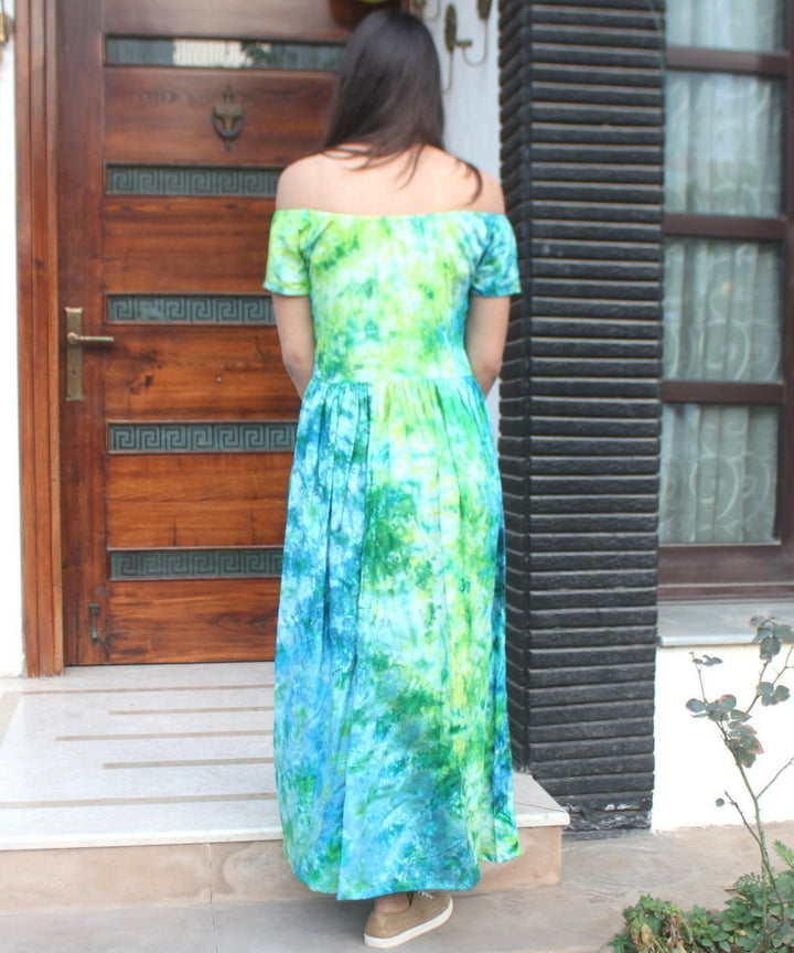 anokherang Dress Green Blue Tie-Dye Burst Maxi Off Shoulder Dress