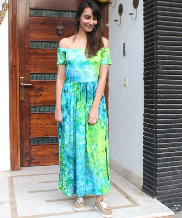 anokherang Dress Green Blue Tie-Dye Burst Maxi Off Shoulder Dress