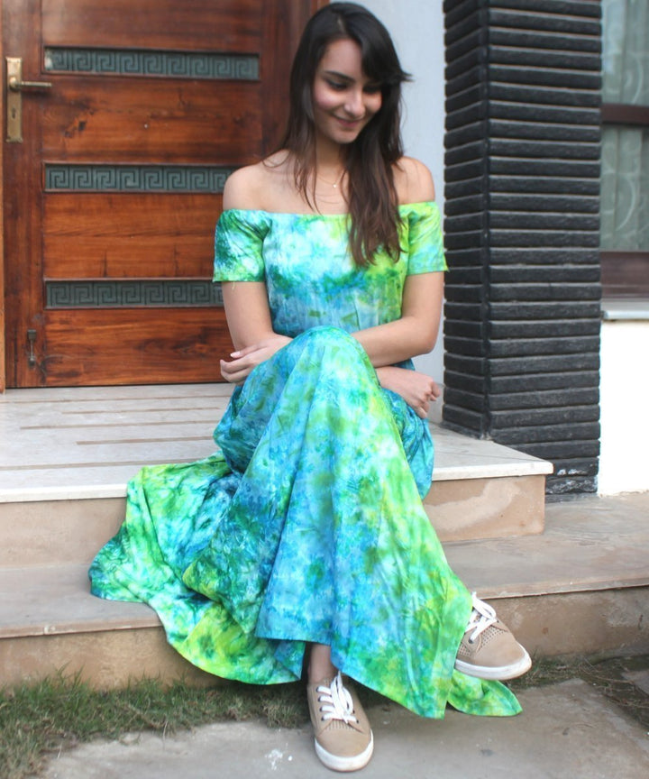 anokherang Dress Green Blue Tie-Dye Burst Maxi Off Shoulder Dress