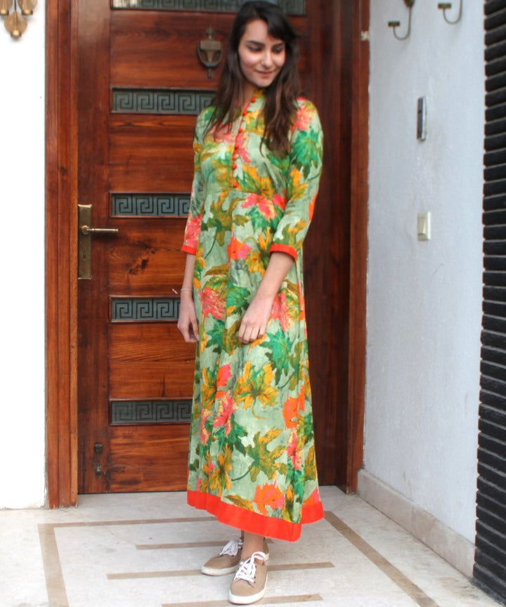 anokherang Dress Green Orange Leaf Ankle length Dress