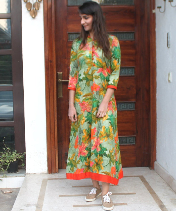 anokherang Dress Green Orange Leaf Ankle length Dress