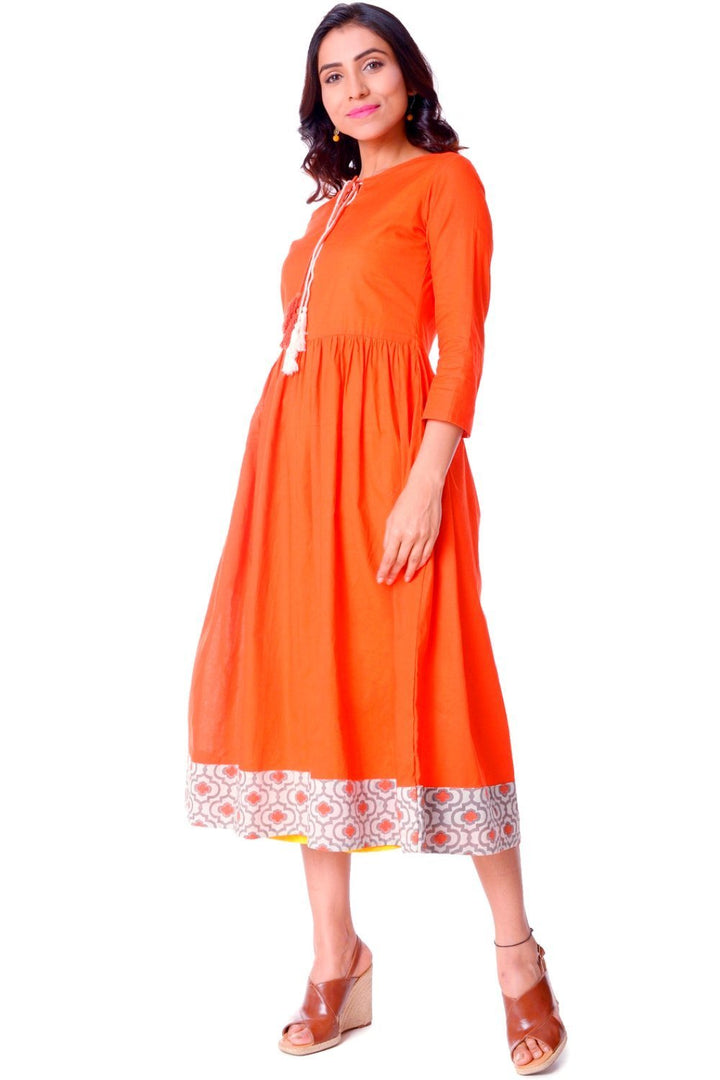 anokherang Dress Orange Gathered Dress with Tassels