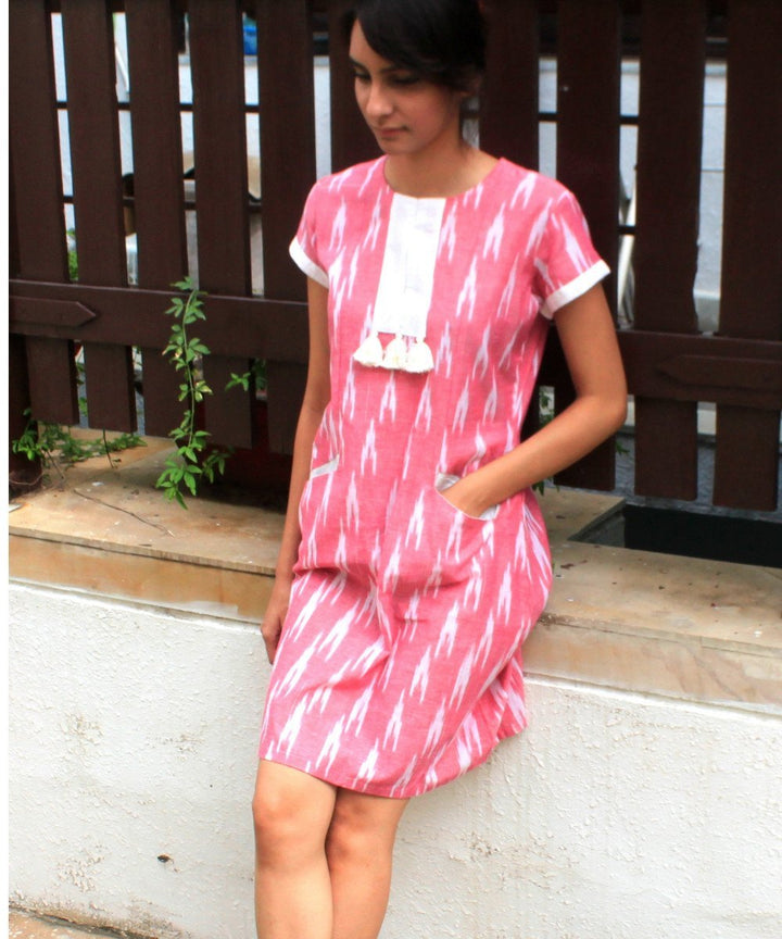 anokherang Dress Pink White Tic Tac Ikkat Dress