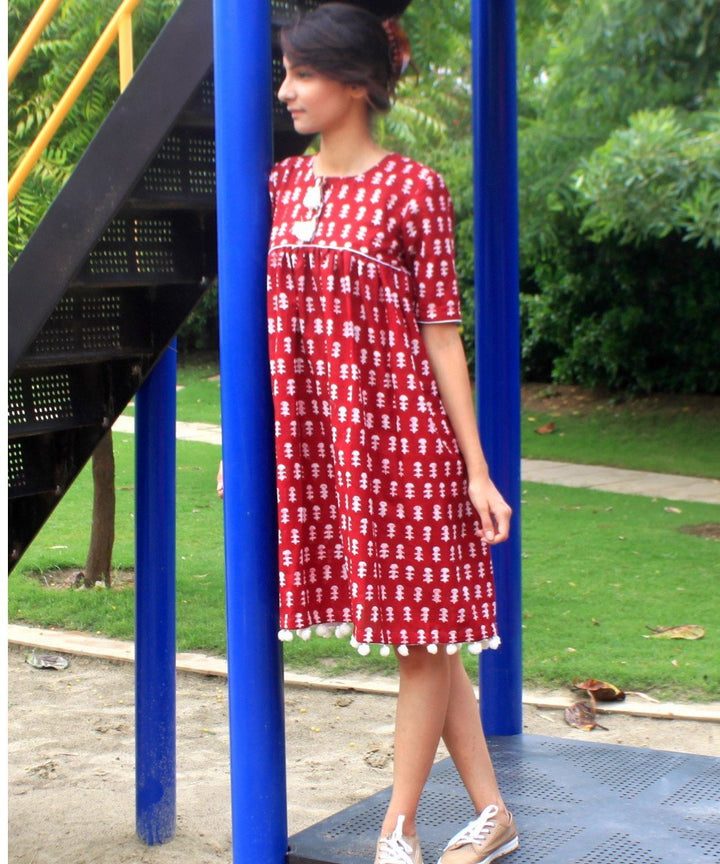 anokherang Dress Red Mud Cotton Gathered Knee Length Dress
