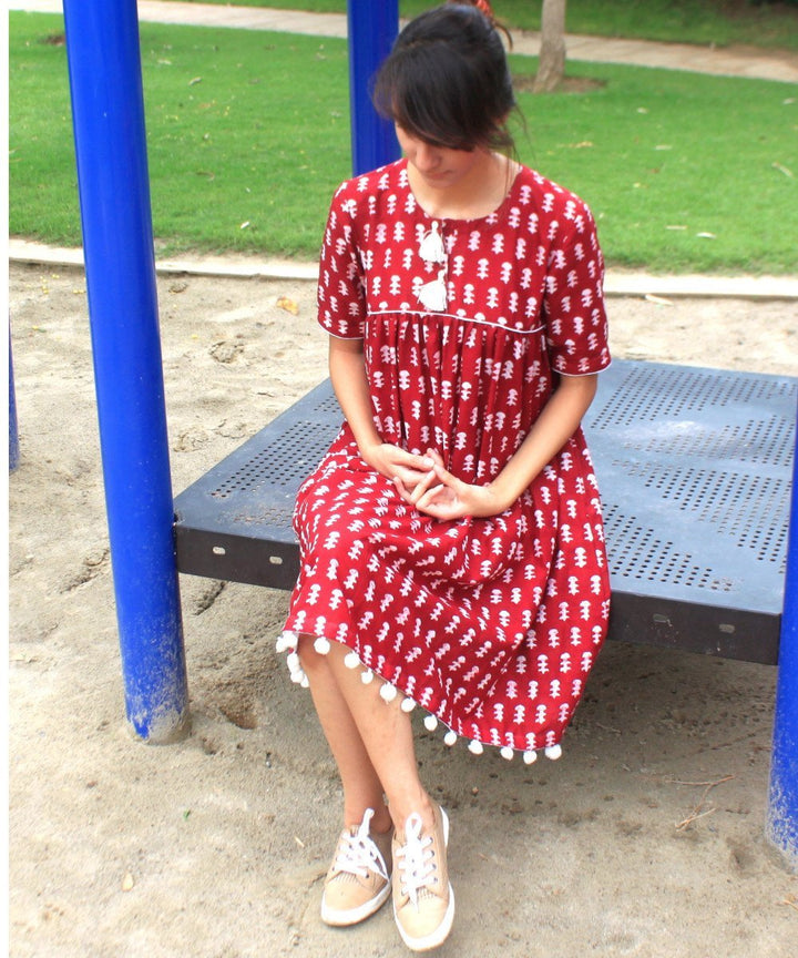 anokherang Dress Red Mud Cotton Gathered Knee Length Dress