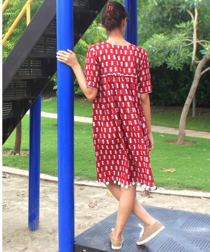 anokherang Dress Red Mud Cotton Gathered Knee Length Dress