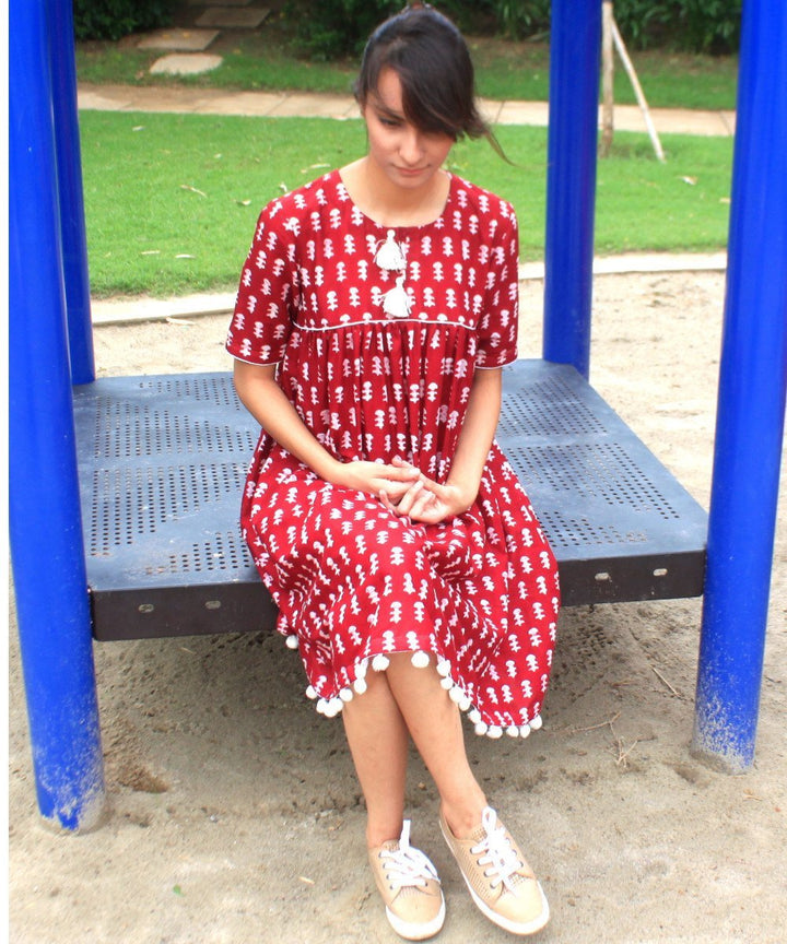 anokherang Dress Red Mud Cotton Gathered Knee Length Dress