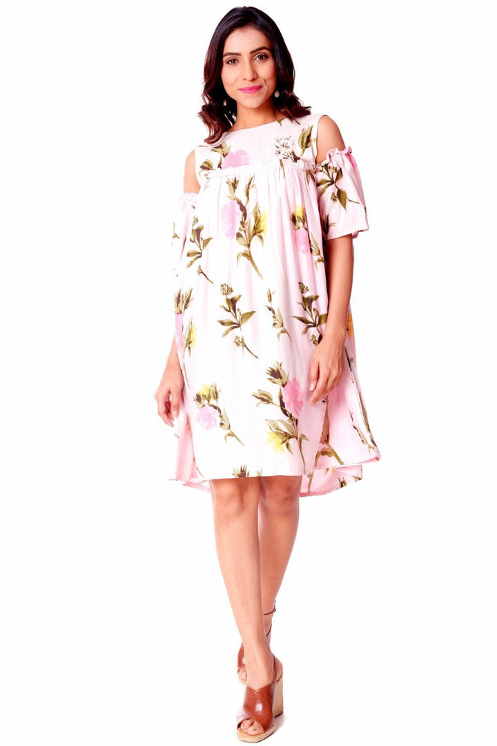 anokherang Dress Rose Pink Knee Length Cold Shoulder Dress
