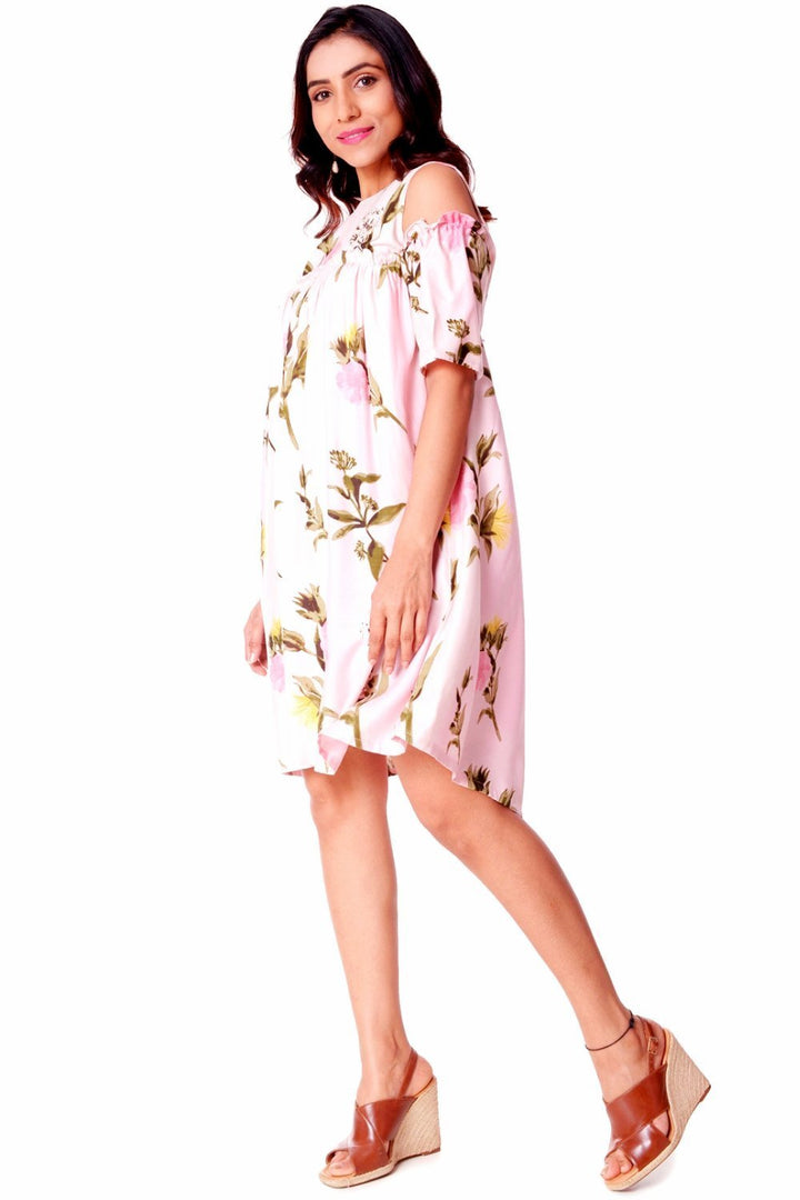 anokherang Dress Rose Pink Knee Length Cold Shoulder Dress