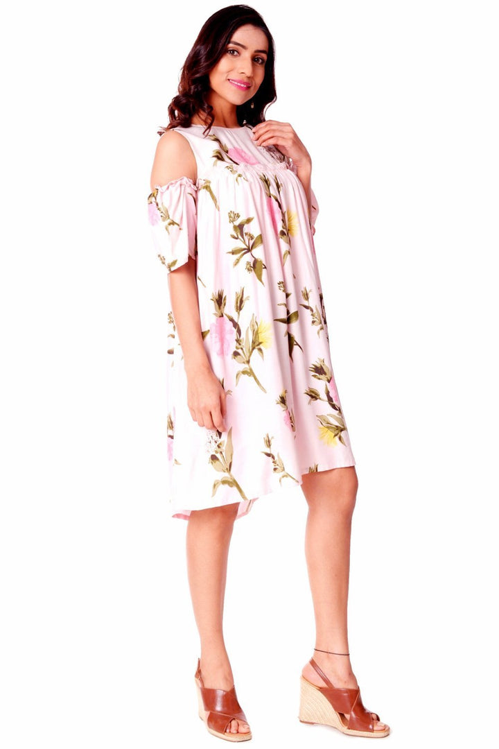 anokherang Dress Rose Pink Knee Length Cold Shoulder Dress