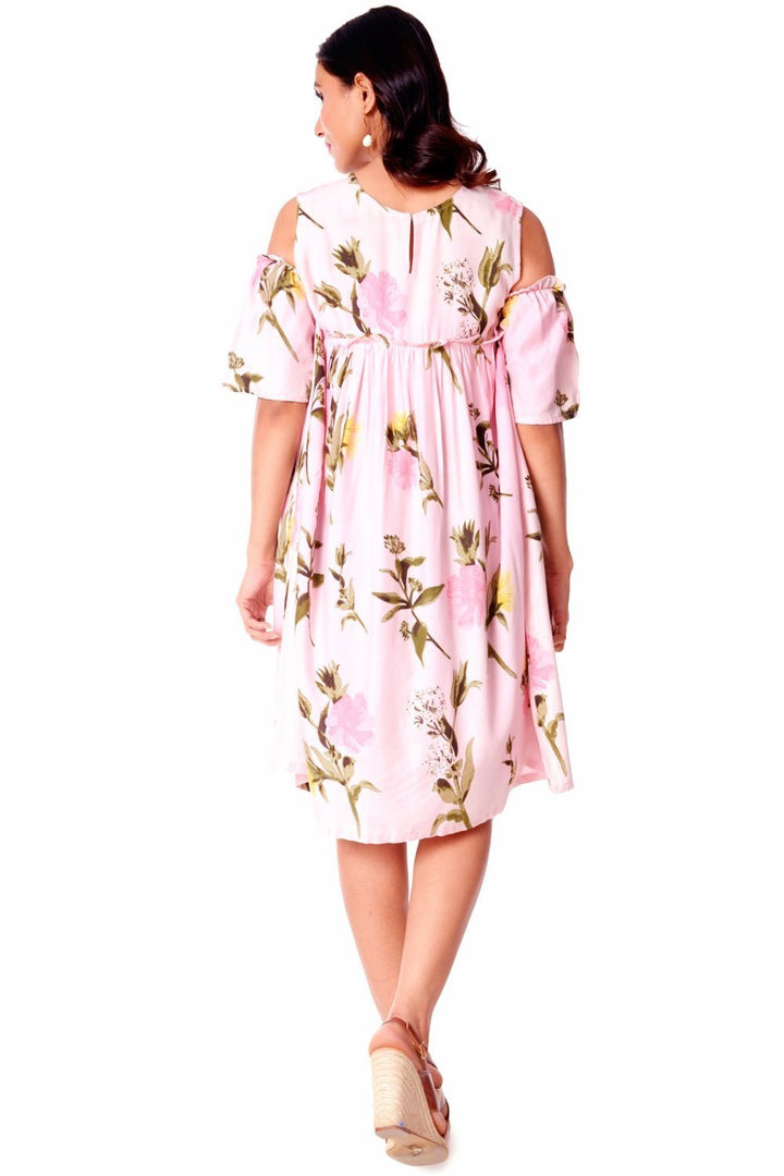 anokherang Dress Rose Pink Knee Length Cold Shoulder Dress