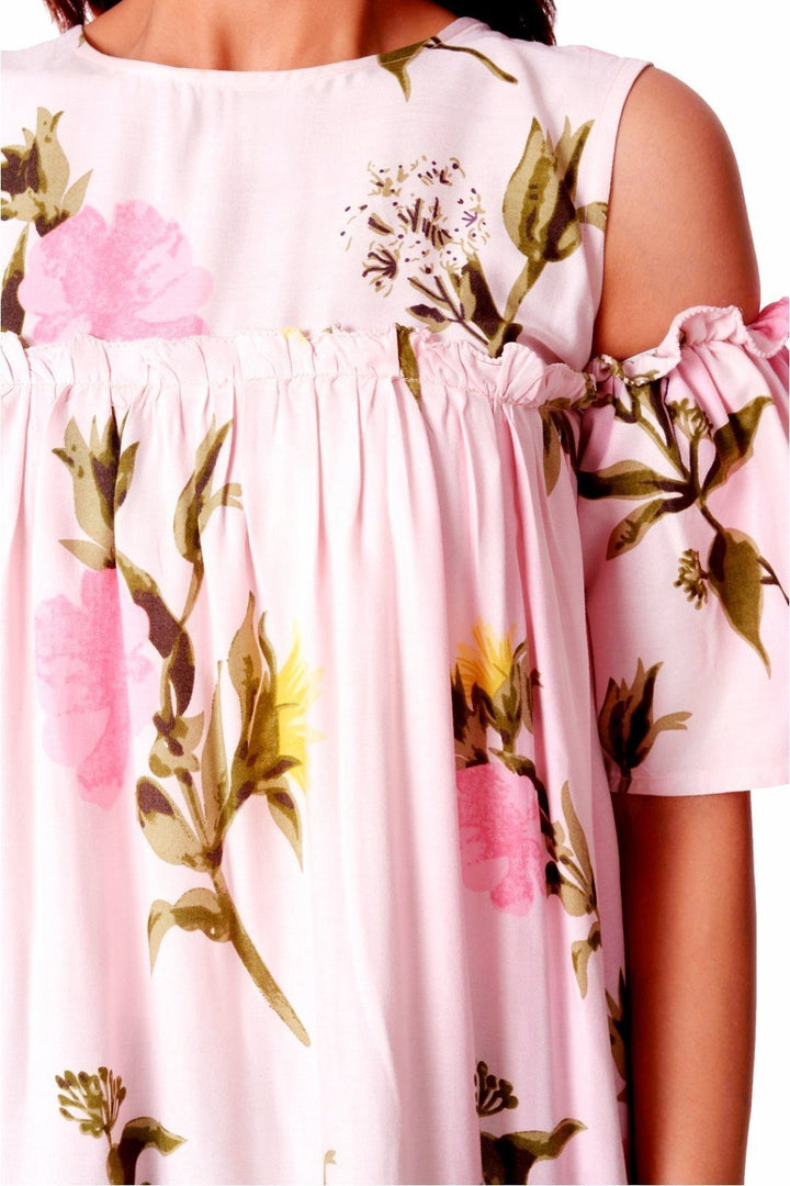 anokherang Dress Rose Pink Knee Length Cold Shoulder Dress