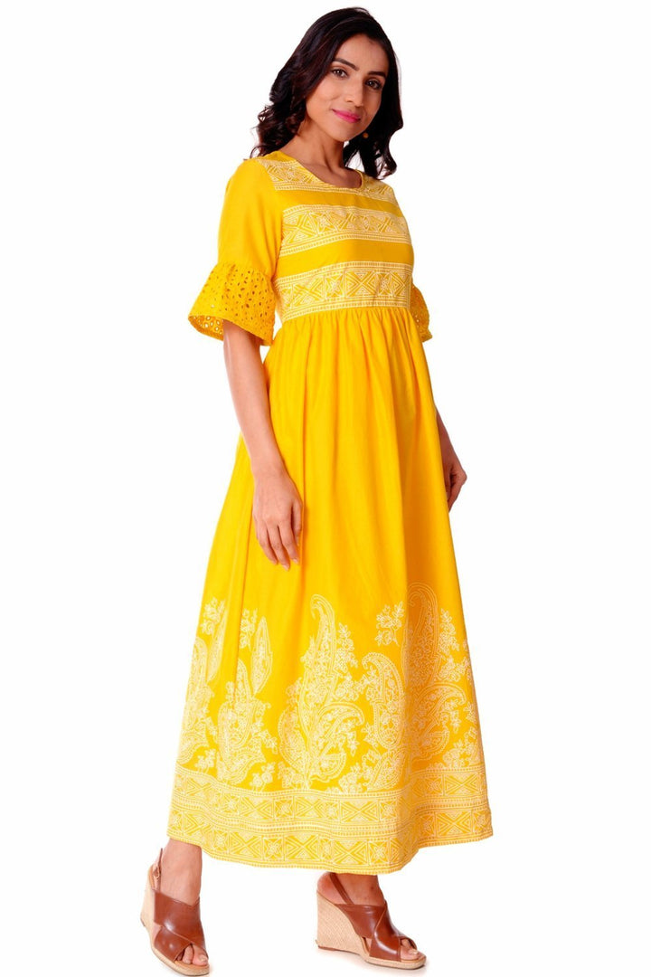 anokherang Dress Yellow Ruffled Sleeves Gathered Dress
