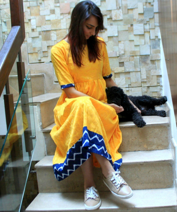 anokherang Dress Yellow Self Floral Cotton Dress
