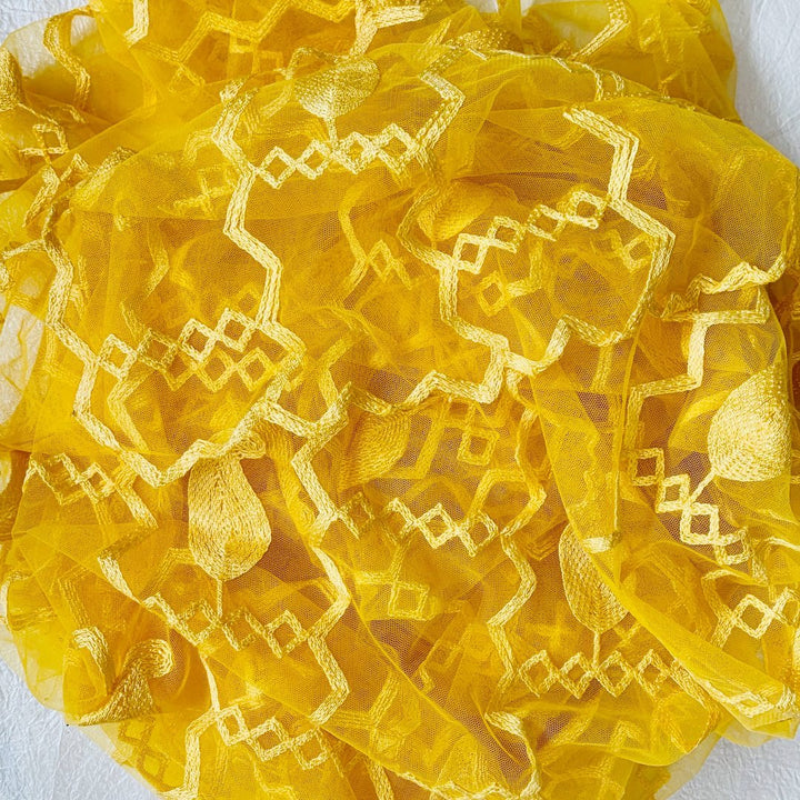 anokherang Dupattas Amber Yellow Zig-Zag Embroidered Net Dupatta