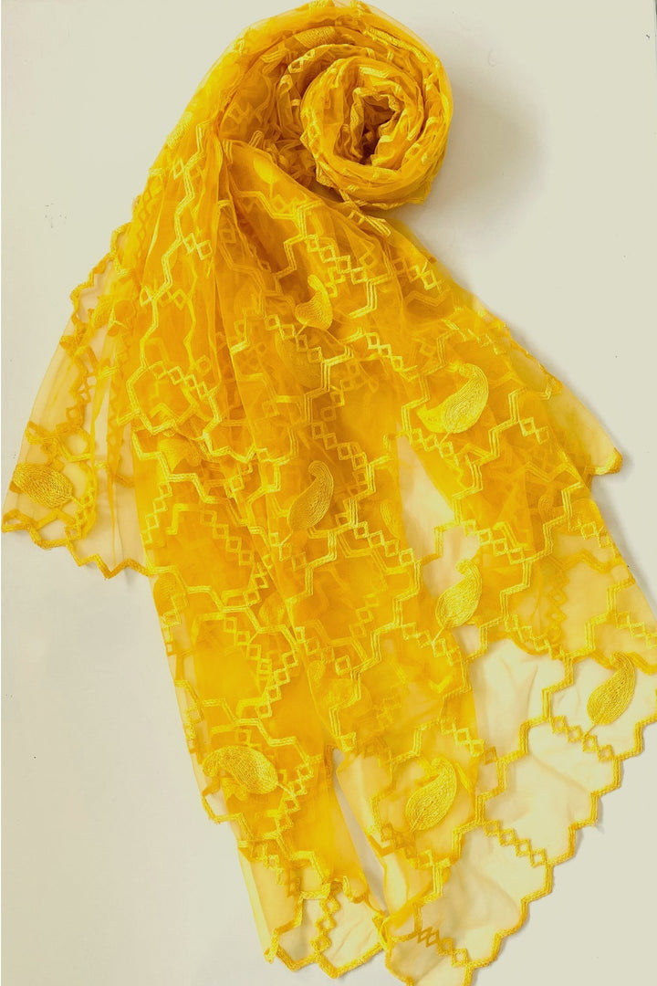 anokherang Dupattas Amber Yellow Zig-Zag Embroidered Net Dupatta