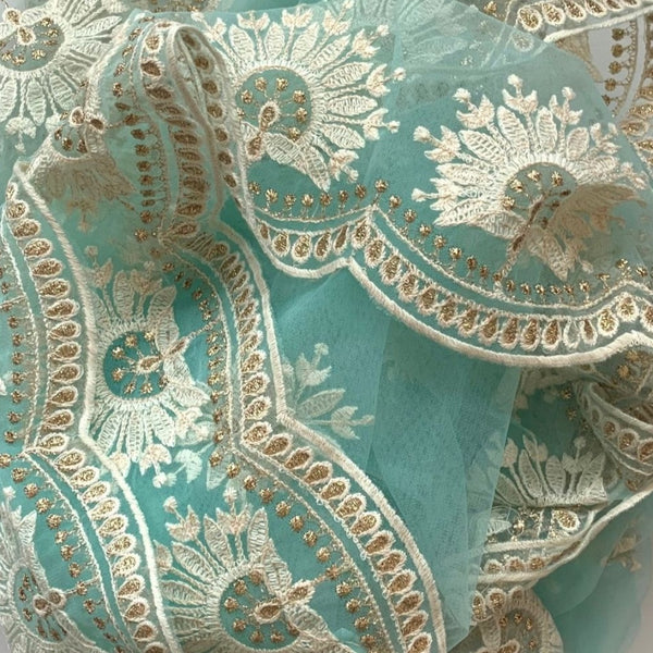 Aqua Blue Chikankari Embroidered Net Dupatta