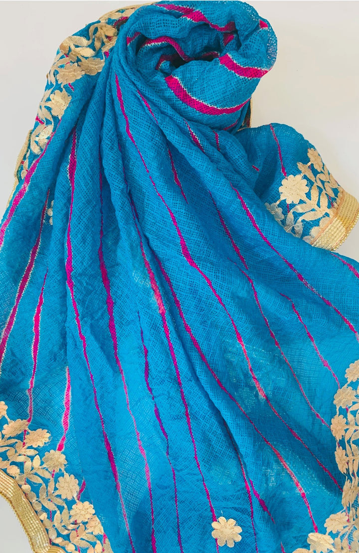 Azure Blue Pink Gotta Patti Leheriya Dupatta – anokherang