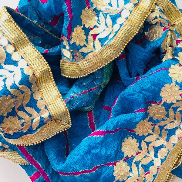 anokherang Dupattas Azure Blue Pink Gotta Patti Leheriya Dupatta