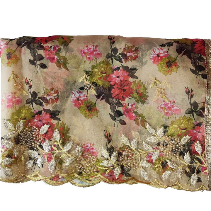 anokherang Dupattas Beige Floral Print Scalloped Organza Dupatta