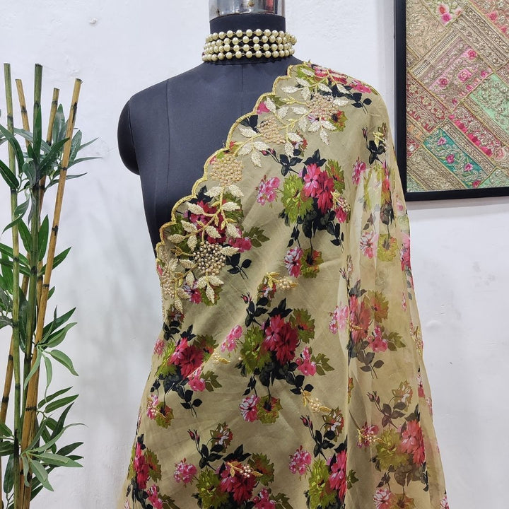 anokherang Dupattas Beige Floral Print Scalloped Organza Dupatta