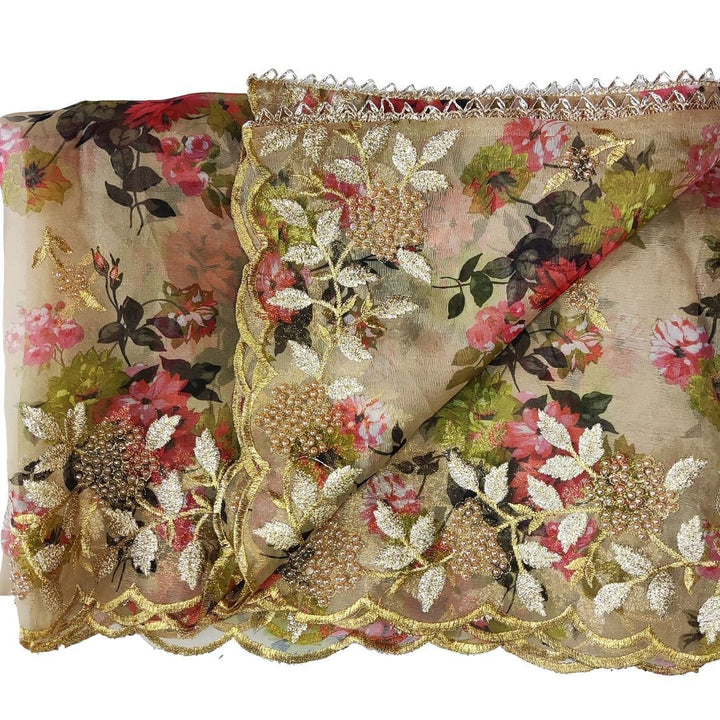 anokherang Dupattas Beige Floral Print Scalloped Organza Dupatta