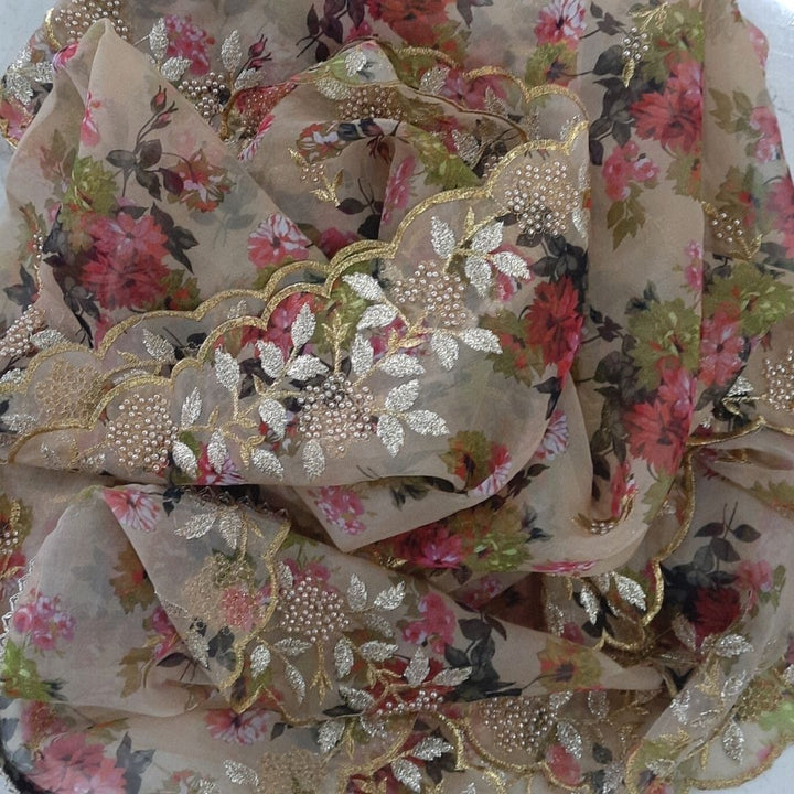 anokherang Dupattas Beige Floral Print Scalloped Organza Dupatta