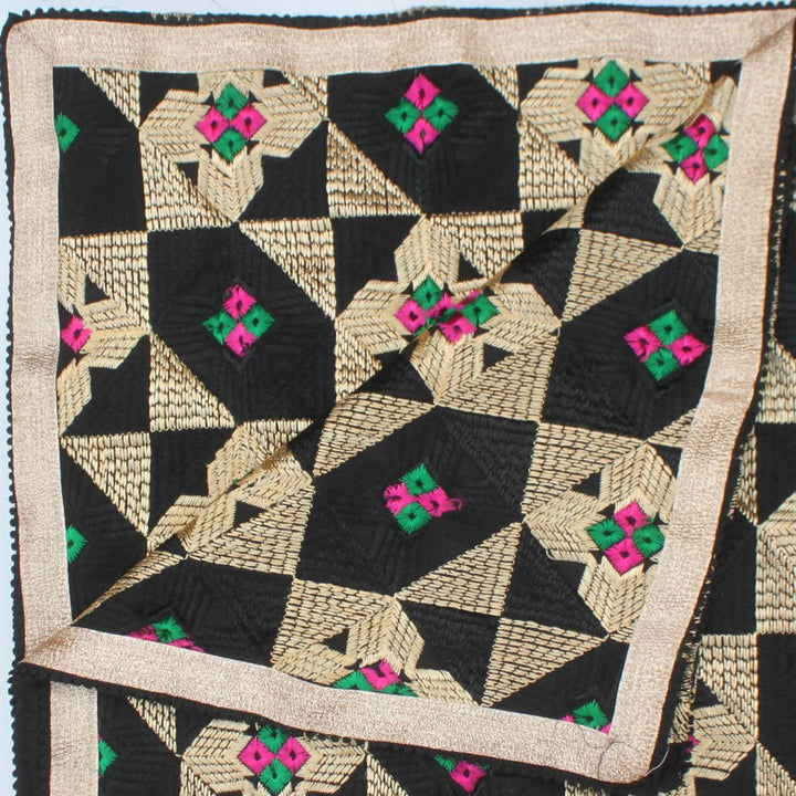 anokherang Dupattas Black Gold Patterned Phulkari Dupatta