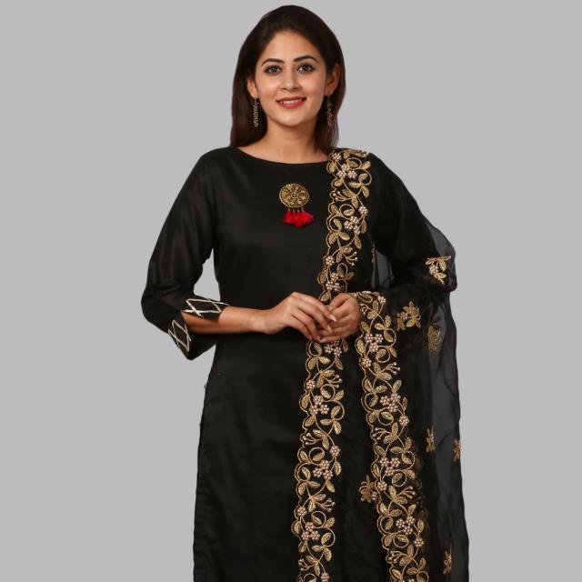 anokherang Dupattas Black Gold Thread and Pearls Embroidered Organza Dupatta