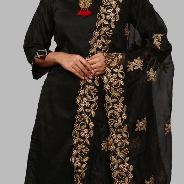 anokherang Dupattas Black Gold Thread and Pearls Embroidered Organza Dupatta