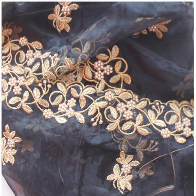 anokherang Dupattas Black Gold Thread and Pearls Embroidered Organza Dupatta