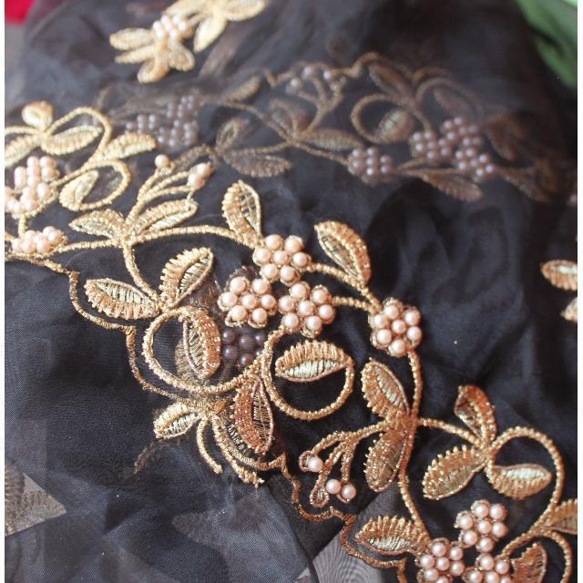 anokherang Dupattas Black Gold Thread and Pearls Embroidered Organza Dupatta