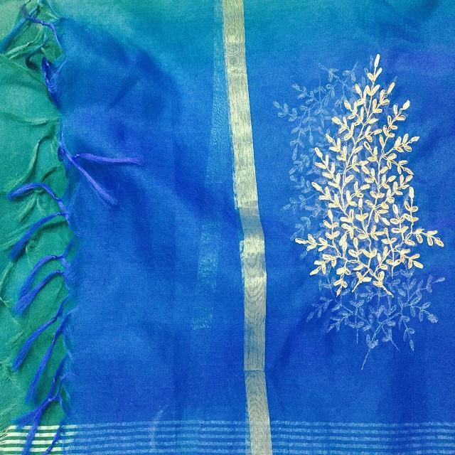 anokherang Dupattas Blue & Green Chanderi Festive Dupatta