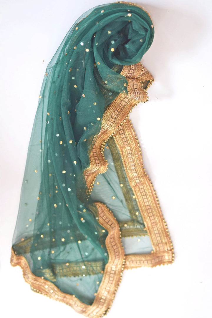 anokherang Dupattas Bottle Green Net Sequenced Dupatta