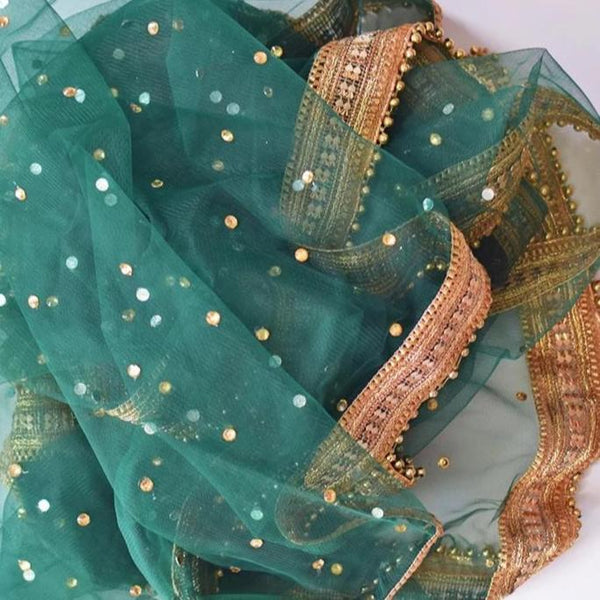 anokherang Dupattas Bottle Green Net Sequenced Dupatta