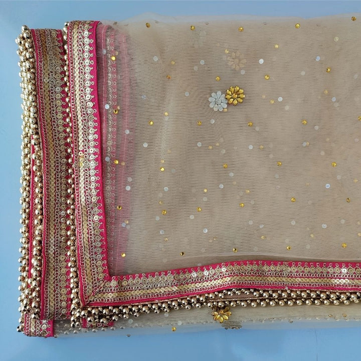 anokherang Dupattas Bridal Beige Peach with Sequin Embroidered Net Dupatta
