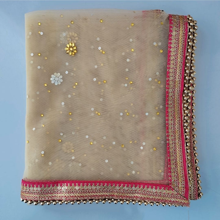 anokherang Dupattas Bridal Beige Peach with Sequin Embroidered Net Dupatta
