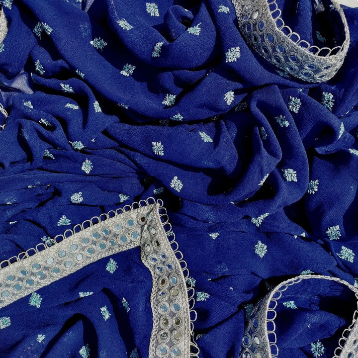 anokherang Dupattas Bridal Blue Silver Embroidered Fringed Georgette Dupatta