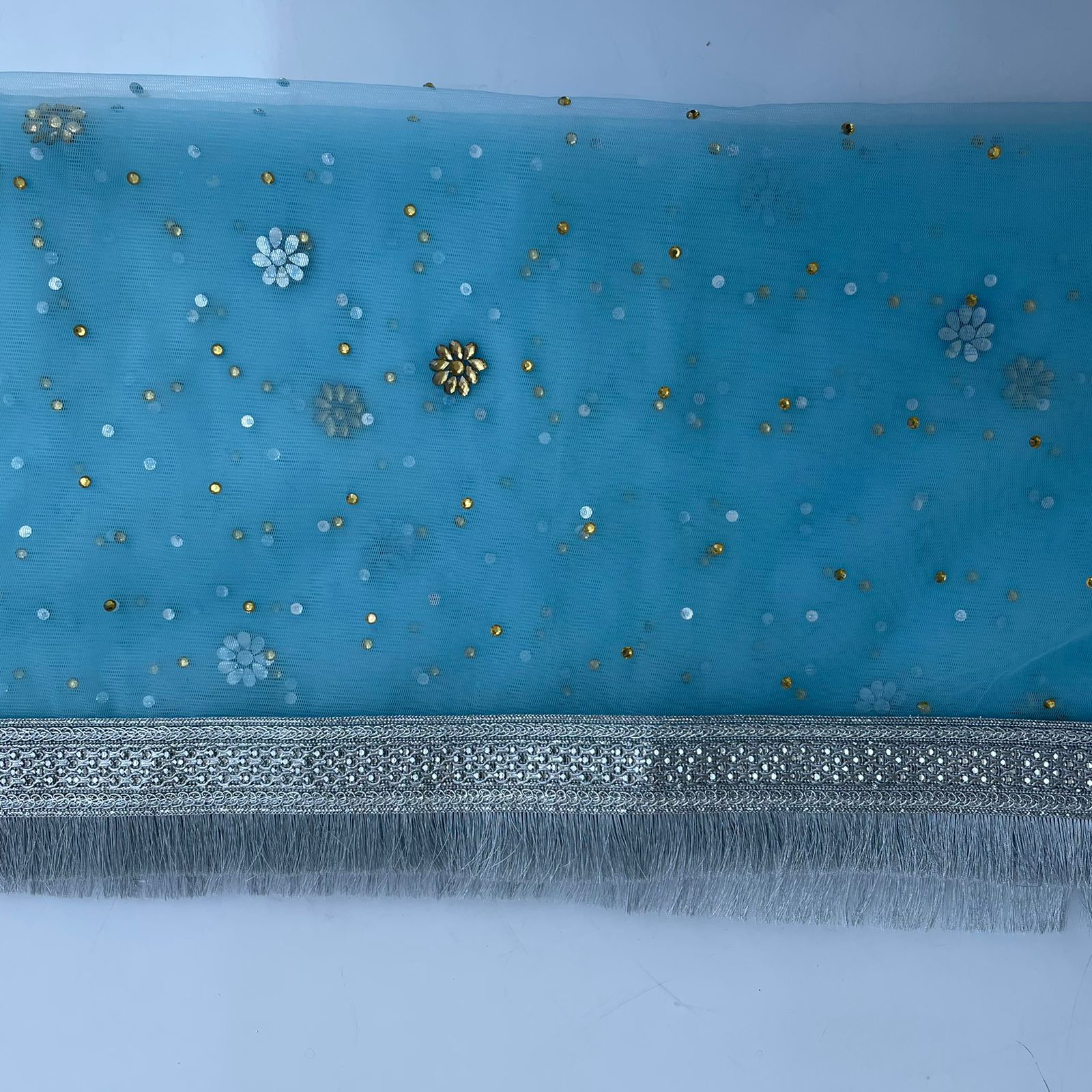 Bridal Blue Silver Stone Fringe Net Dupatta – anokherang