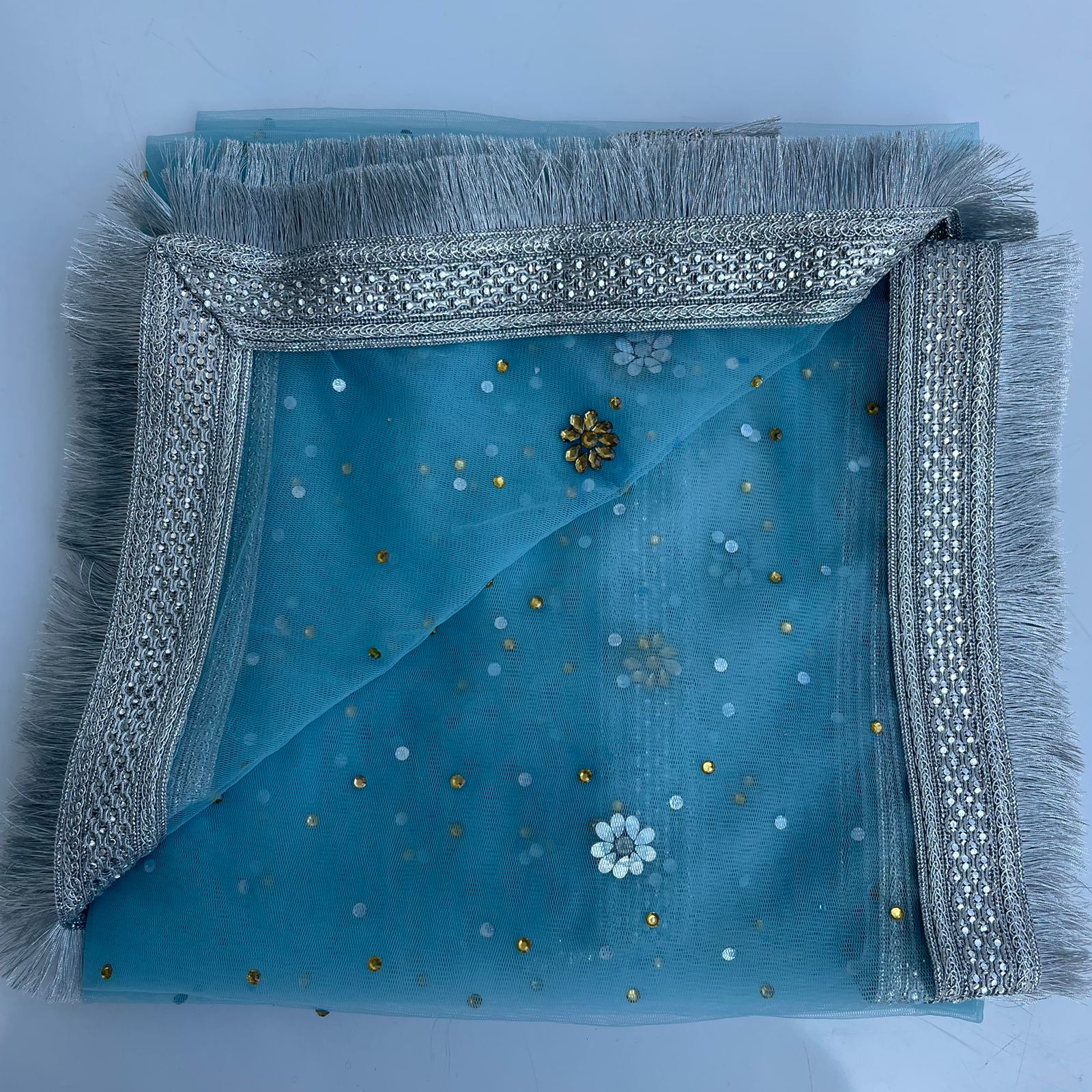 Bridal Blue Silver Stone Fringe Net Dupatta – anokherang