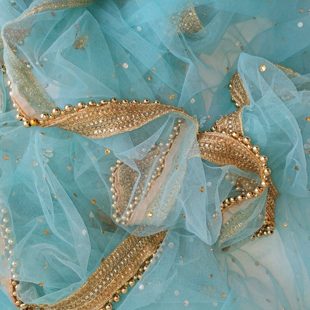 Net Dupatta in Pastel Aqua Blue with Delicate Lace Trim main image 1
