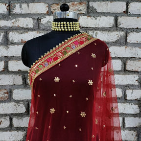 Maroon Embroidered Net Dupatta main image 0