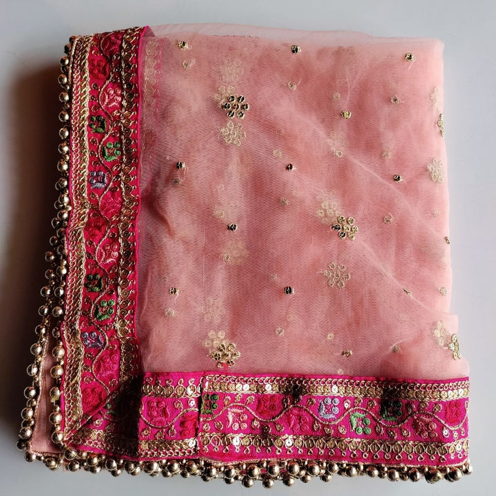 anokherang Dupattas Bridal Charming Peach Pink with Floral Embroidered Net Dupatta