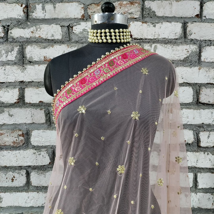 anokherang Dupattas Bridal Charming Peach Pink with Floral Embroidered Net Dupatta