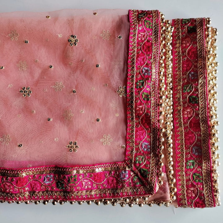 anokherang Dupattas Bridal Charming Peach Pink with Floral Embroidered Net Dupatta
