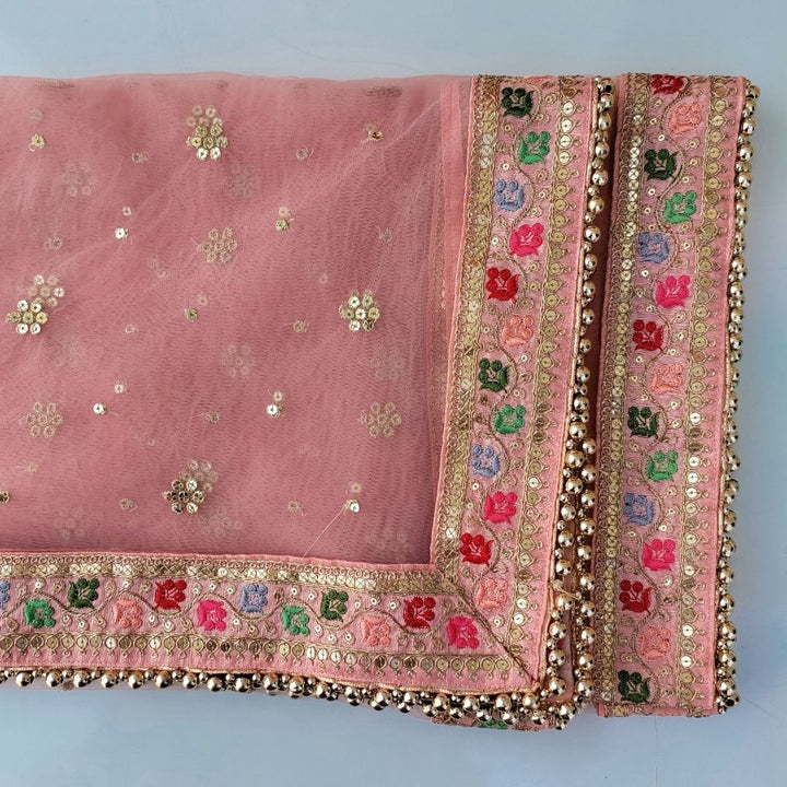 anokherang Dupattas Bridal Charming Pink with Multi Color Embroidered Net Dupatta