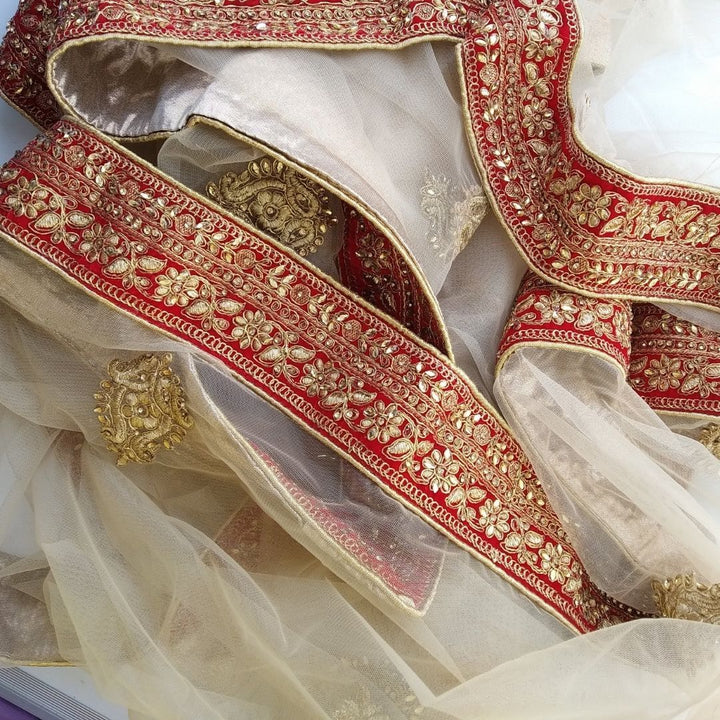 anokherang Dupattas Bridal Gold Red Kundan Embroidered Net Dupatta