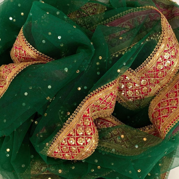 Bridal Green Magenta Sequins Embroidered Net Dupatta