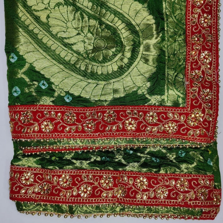 anokherang Dupattas Bridal Green Silk Bandhani Red Border Embroidered Dupatta